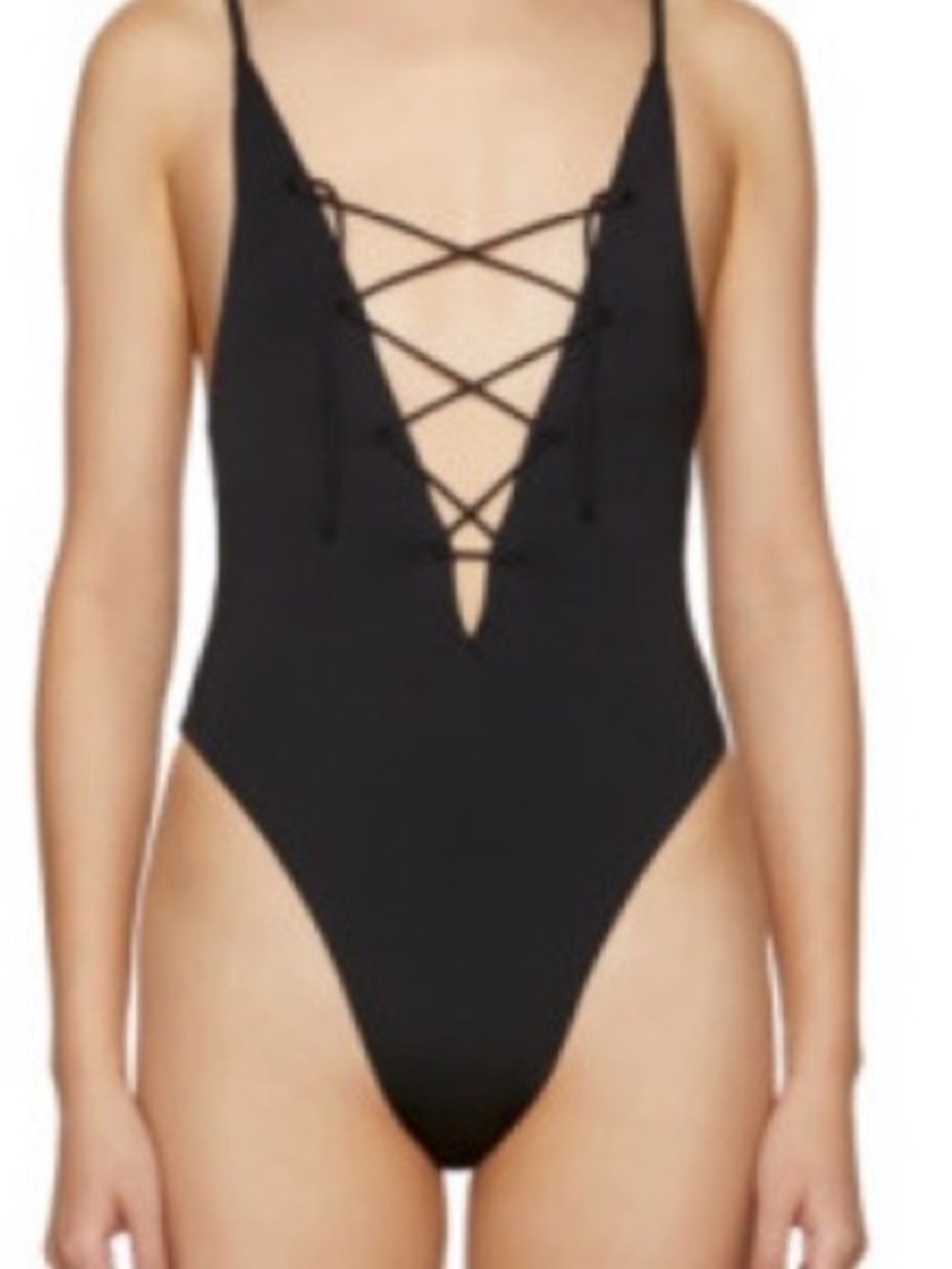 Lace-Up Plunge One-Piece Swimsuit - Black